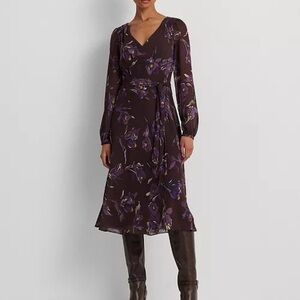 NWT lauren ralph Lauren woman's Purple Floral Belted Crinkle Georgette Dress 12P